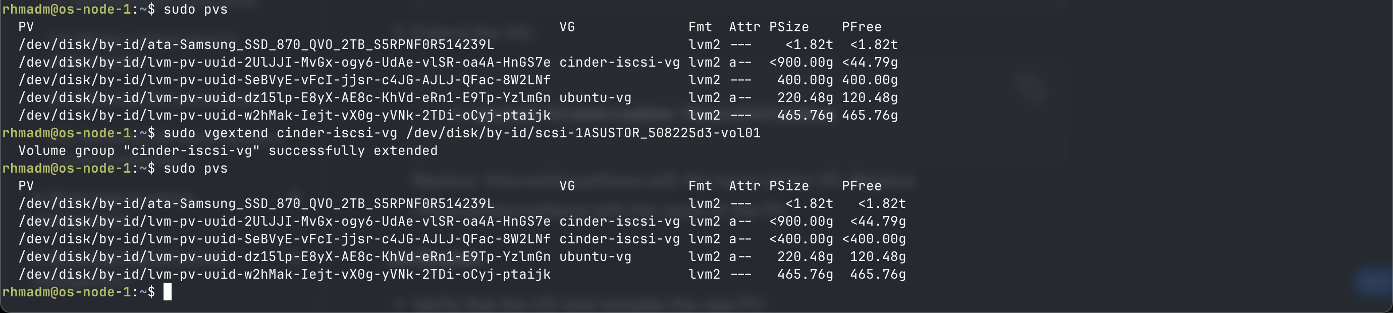 Extend cinder volume group with new pv